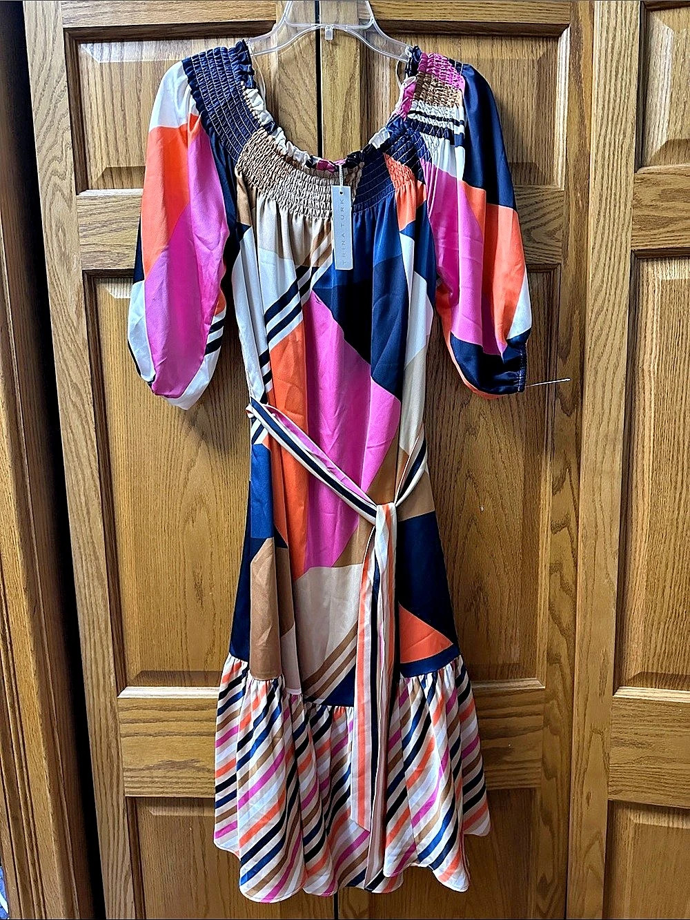 Trina Turk Hawaiian Dress Geometric Maxi Dress in Pink & Blue Size Large NWT